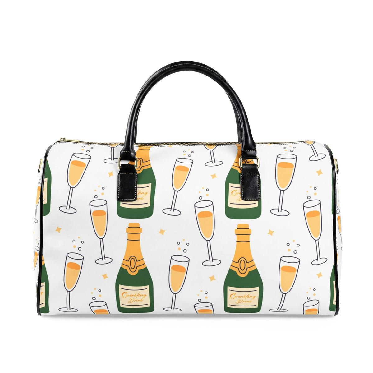 Champagne Bottle and Flute Faux Leather Travel Bag | Sparkling Brunch Print