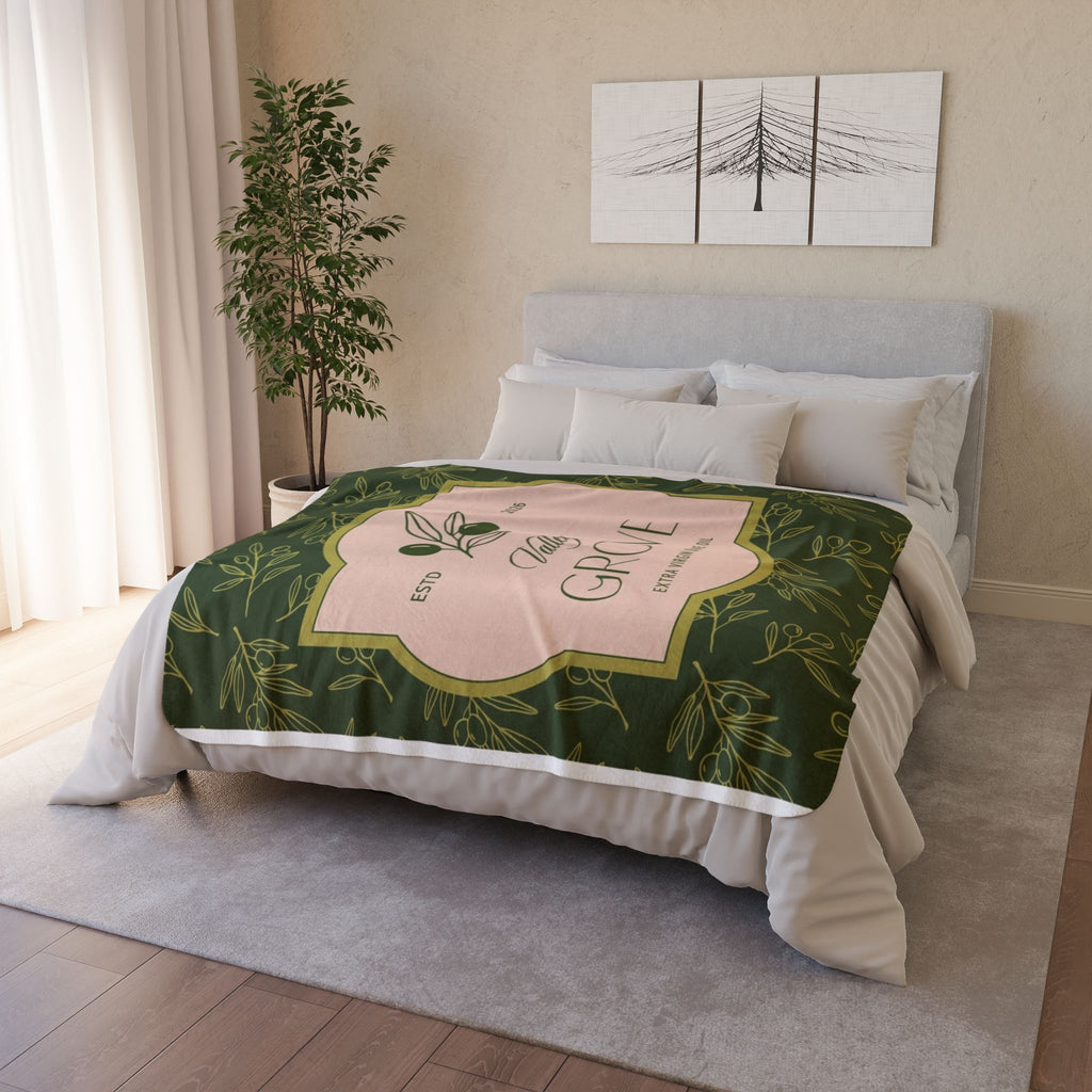 Olive Grove Label Fleece Sherpa Blanket | Botanical Olive Branch Design