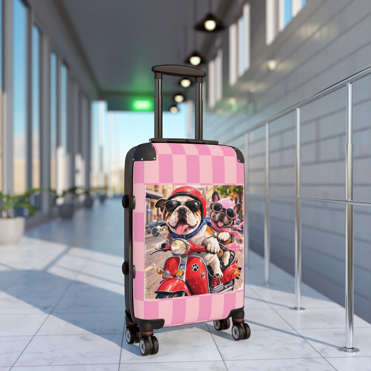 Cute Dogs on Scooter Pink Carry-On Suitcase — Fun Pet Travel Luggage