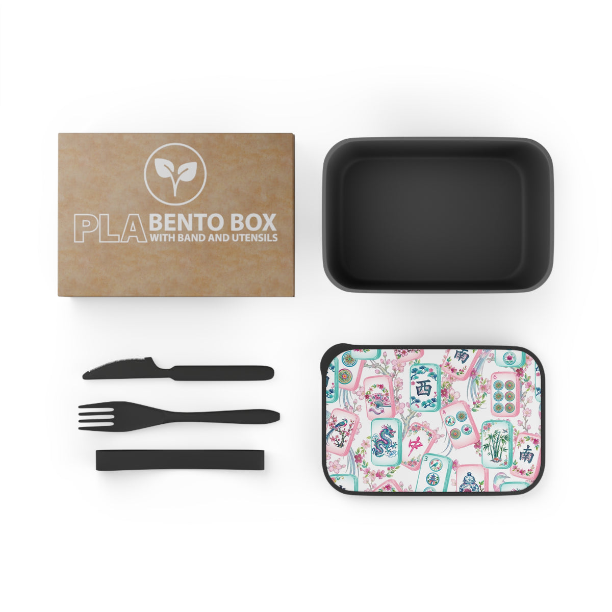 Mahjong Tile Pattern PLA Bento Box with Band and Utensils | Floral Mahjong Lunchbox