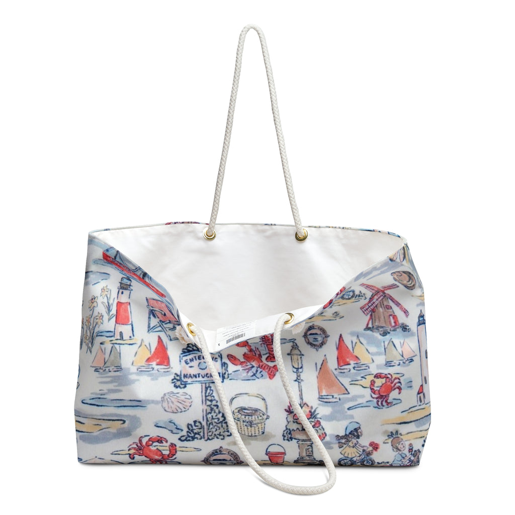 Nautical Coastal Print Weekender Bag – Beachy Lighthouse & Sailboat Travel Tote