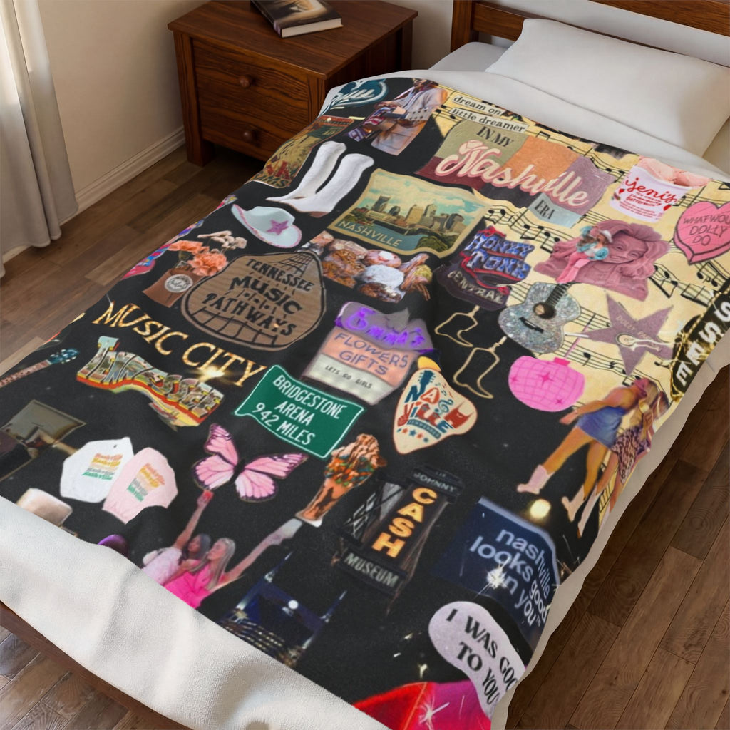 Nashville Collage Velveteen Plush Blanket | Music City Retro Sticker Patch Design