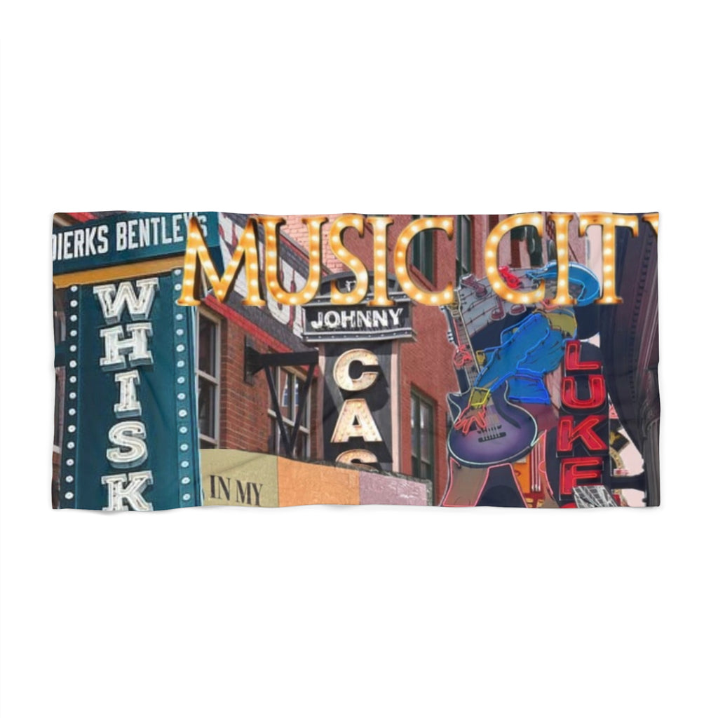 Music City Neon Sign Beach Towel — Nashville Vintage Billboard Design