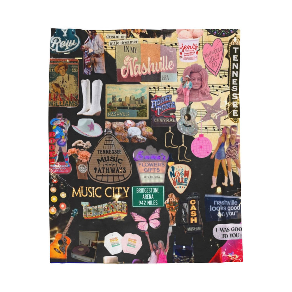 Nashville Collage Velveteen Plush Blanket | Music City Retro Sticker Patch Design