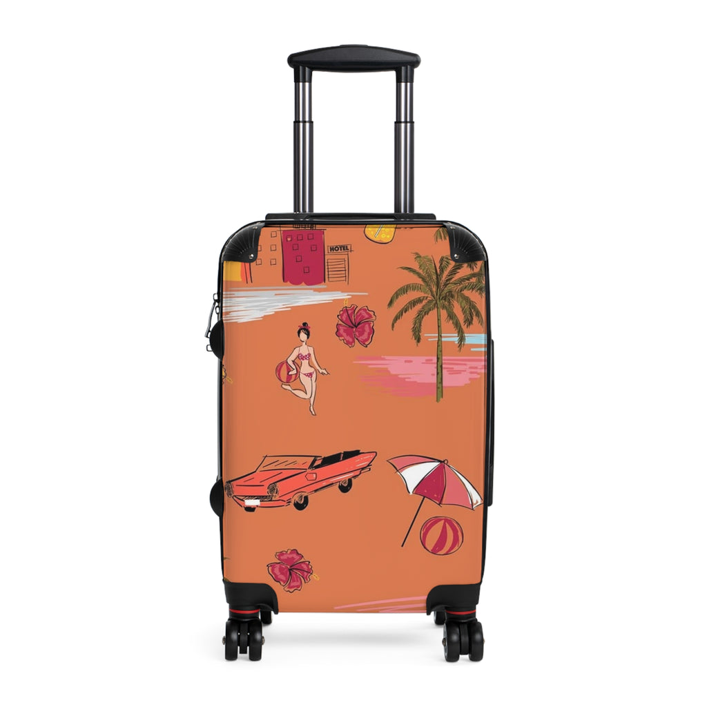 Vintage Beach Scene Suitcase | Retro Palm Trees, Classic Car, Swimsuit