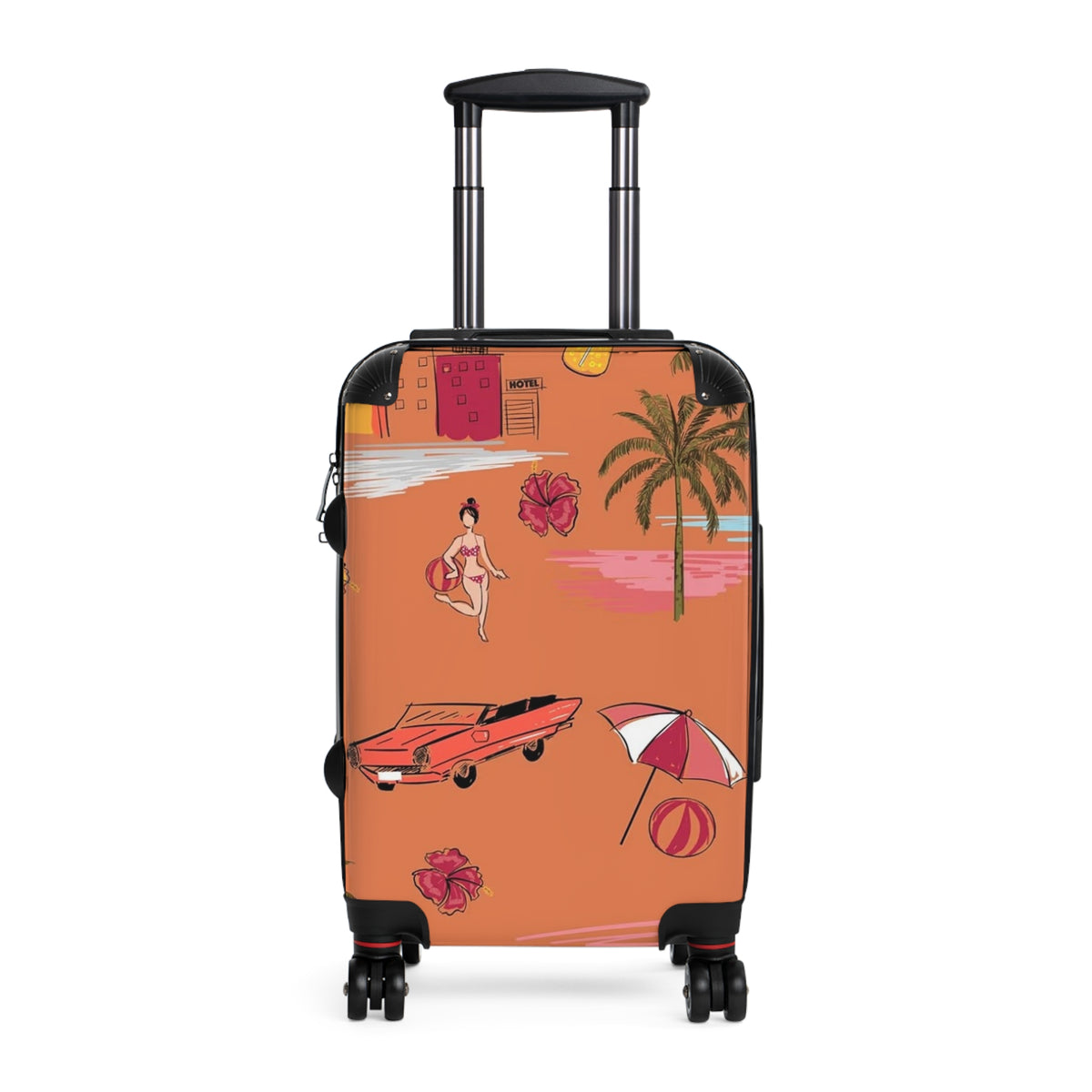Vintage Beach Scene Suitcase | Retro Palm Trees, Classic Car, Swimsuit