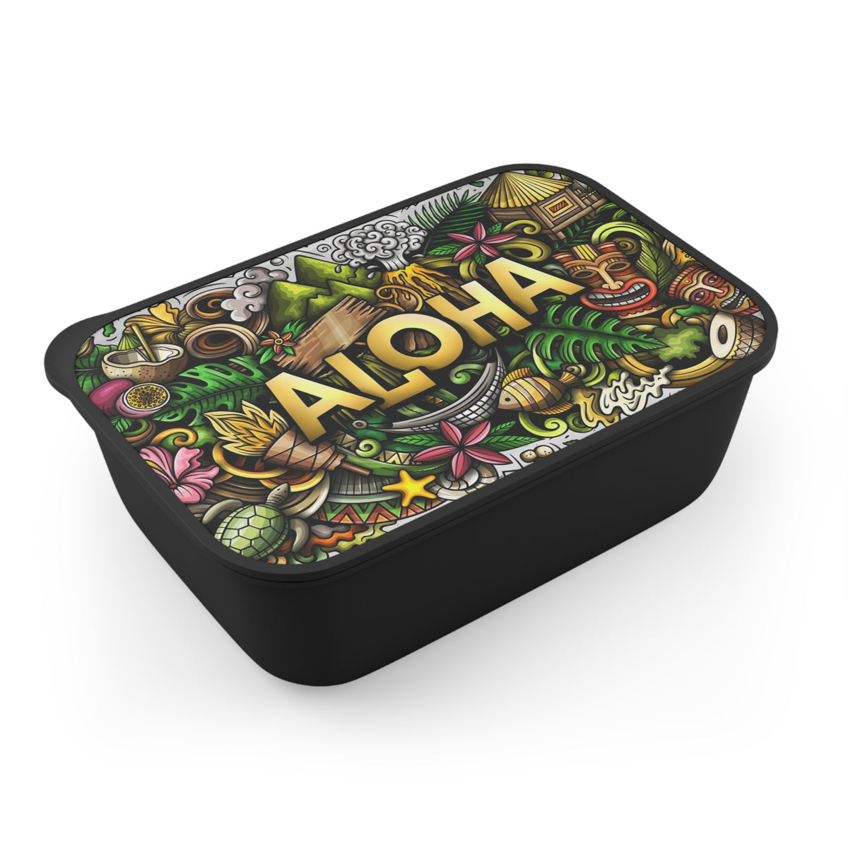 Aloha Tropical Doodle PLA Bento Box with Band and Utensils | Hawaii Lunch Container