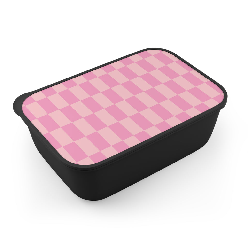 Pink Checkerboard PLA Bento Box with Band and Utensils