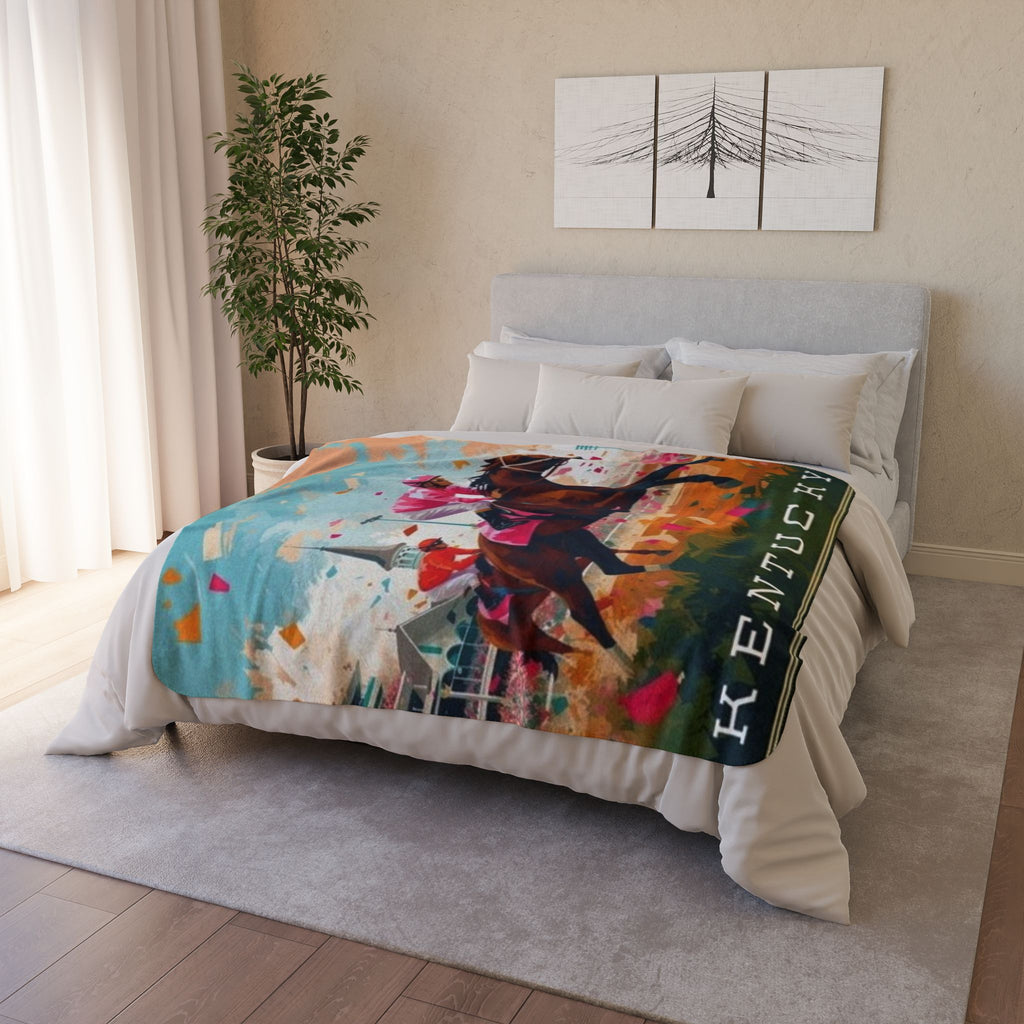 Kentucky Horse Racing Fleece Sherpa Blanket | Jockey Racetrack Design