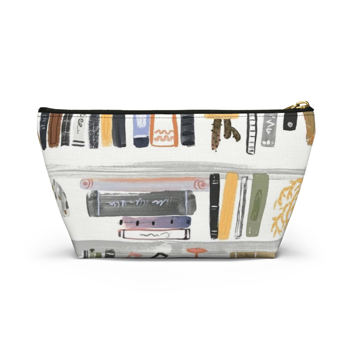 Bookish Accessory Pouch — Illustrated Bookshelf T-Bottom Cosmetic Bag
