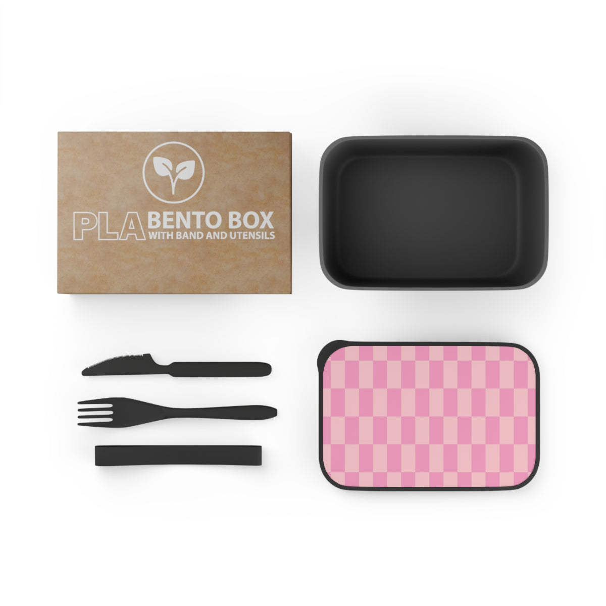 Pink Checkerboard PLA Bento Box with Band and Utensils