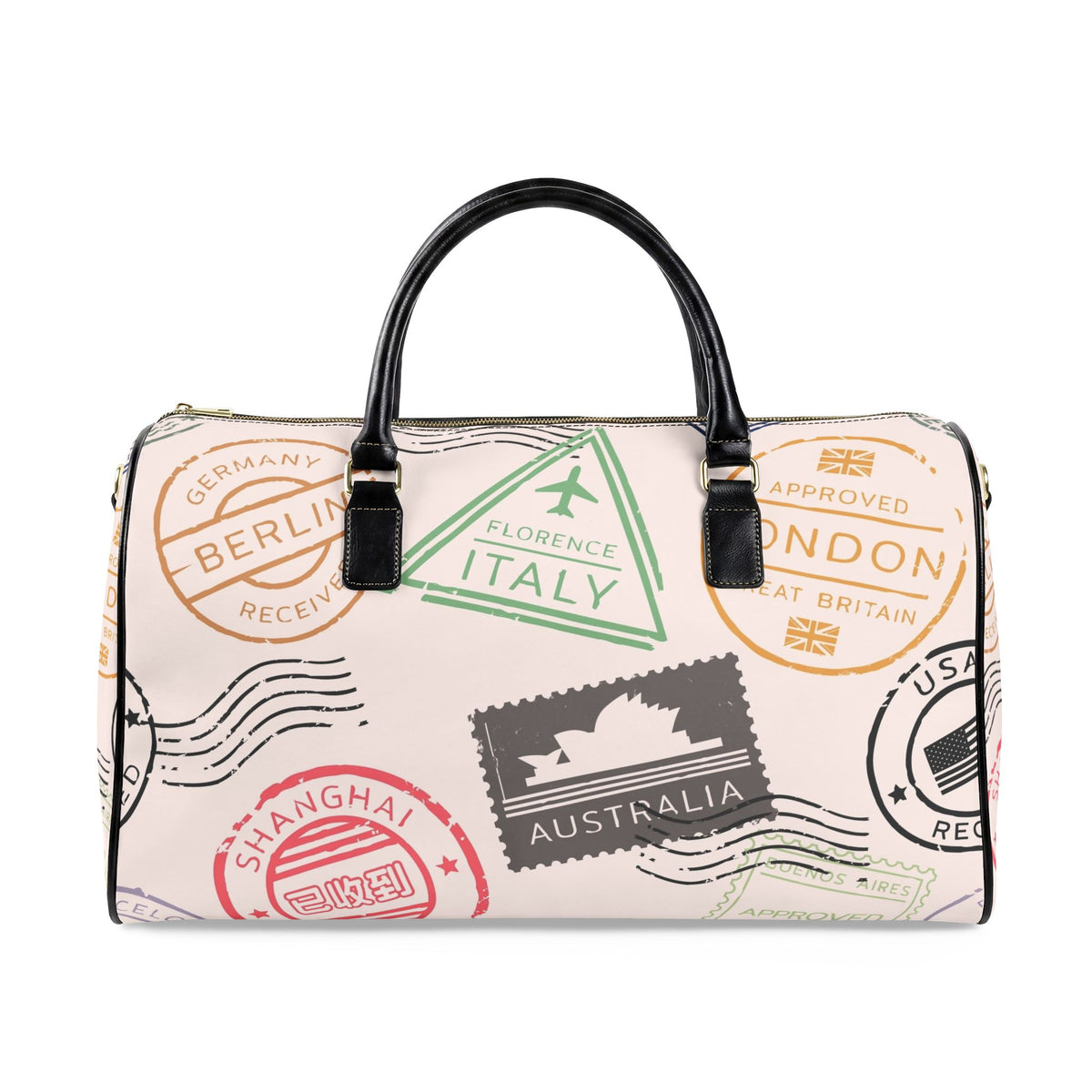 Passport Stamp Travel Duffle Faux Leather Travel Bag | Vintage World Stamps