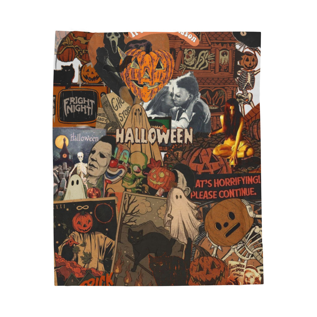 Halloween Collage Velveteen Plush Blanket — Retro Horror Movie Pumpkin Design