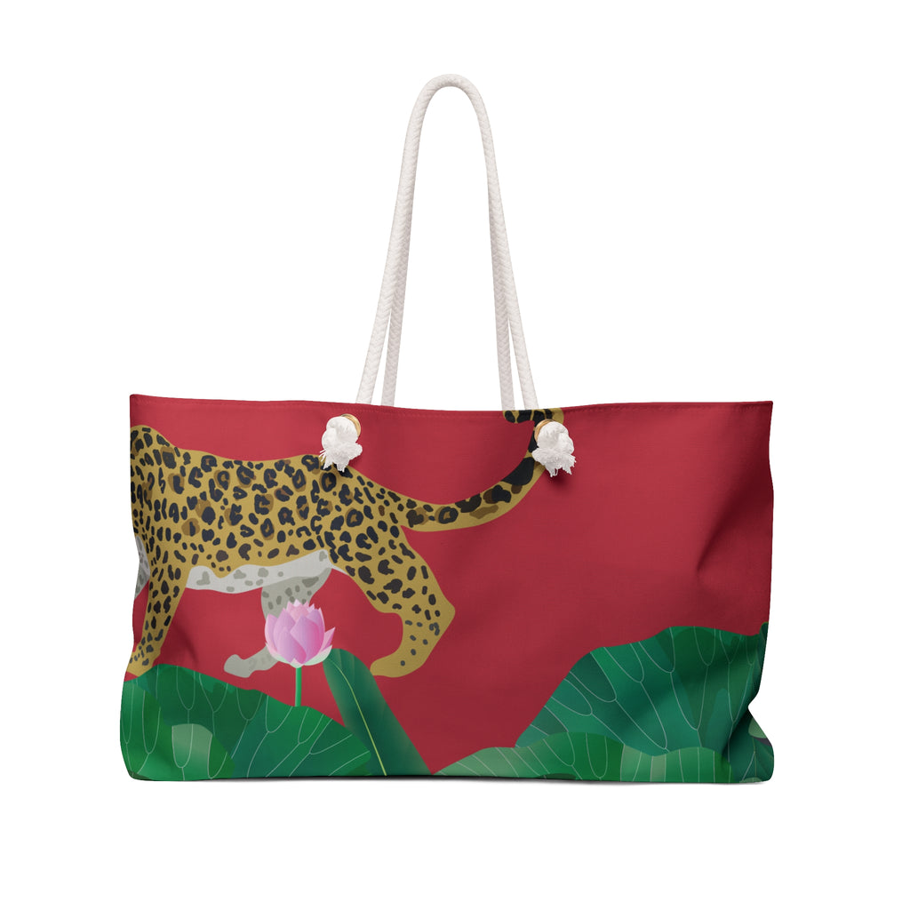 Leopard Lotus Illustration Weekender Bag | Floral Travel Tote, Red Tropical Print