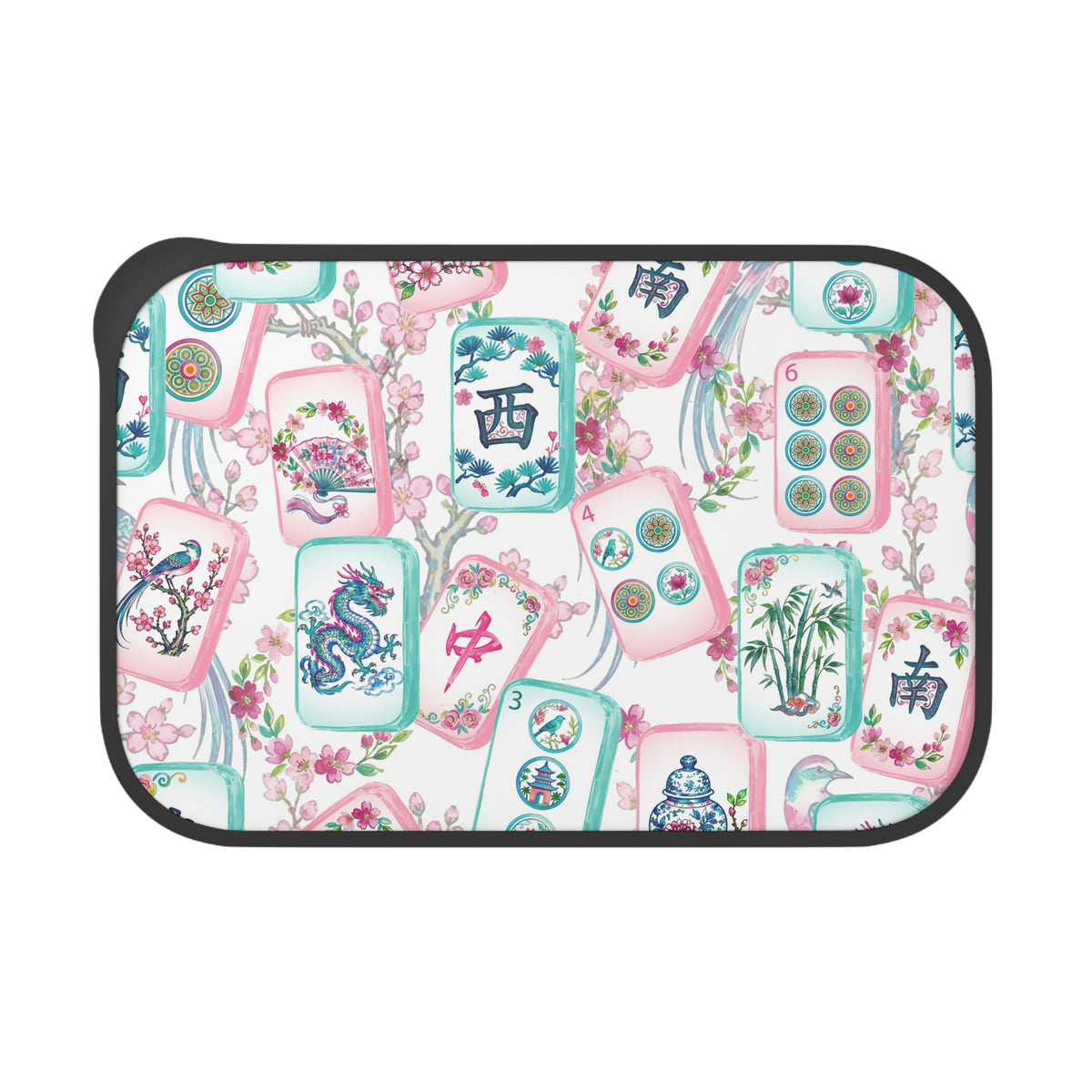 Mahjong Tile Pattern PLA Bento Box with Band and Utensils | Floral Mahjong Lunchbox