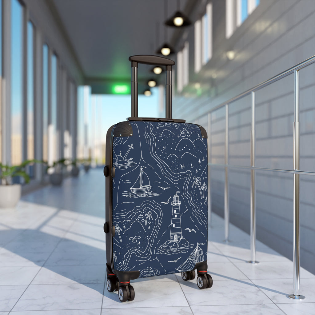 Nautical Lighthouse Map Suitcase | Coastal Sailboat Travel Luggage