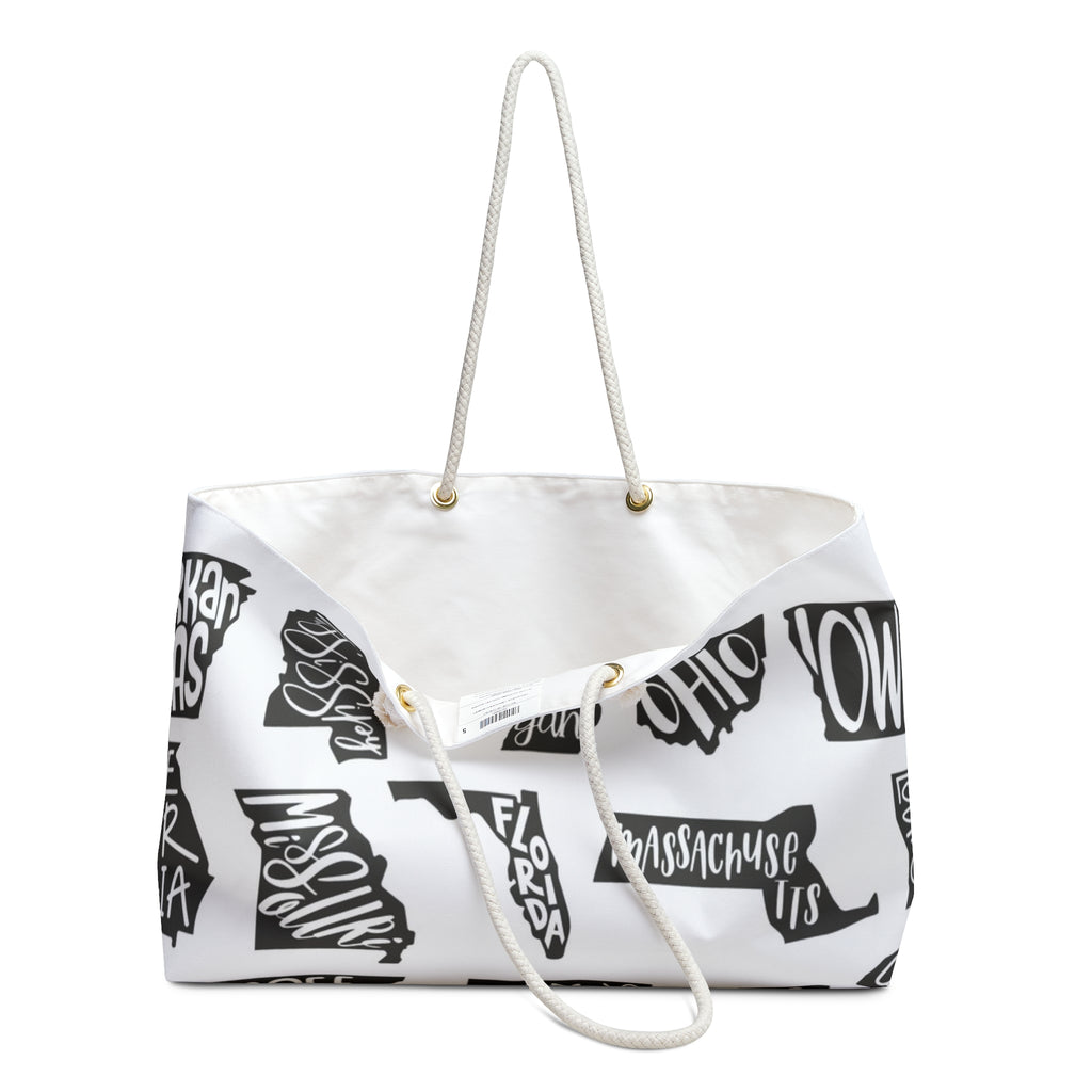 State Silhouette Weekender Bag — Monochrome Travel Tote with Hand-Lettered State Names
