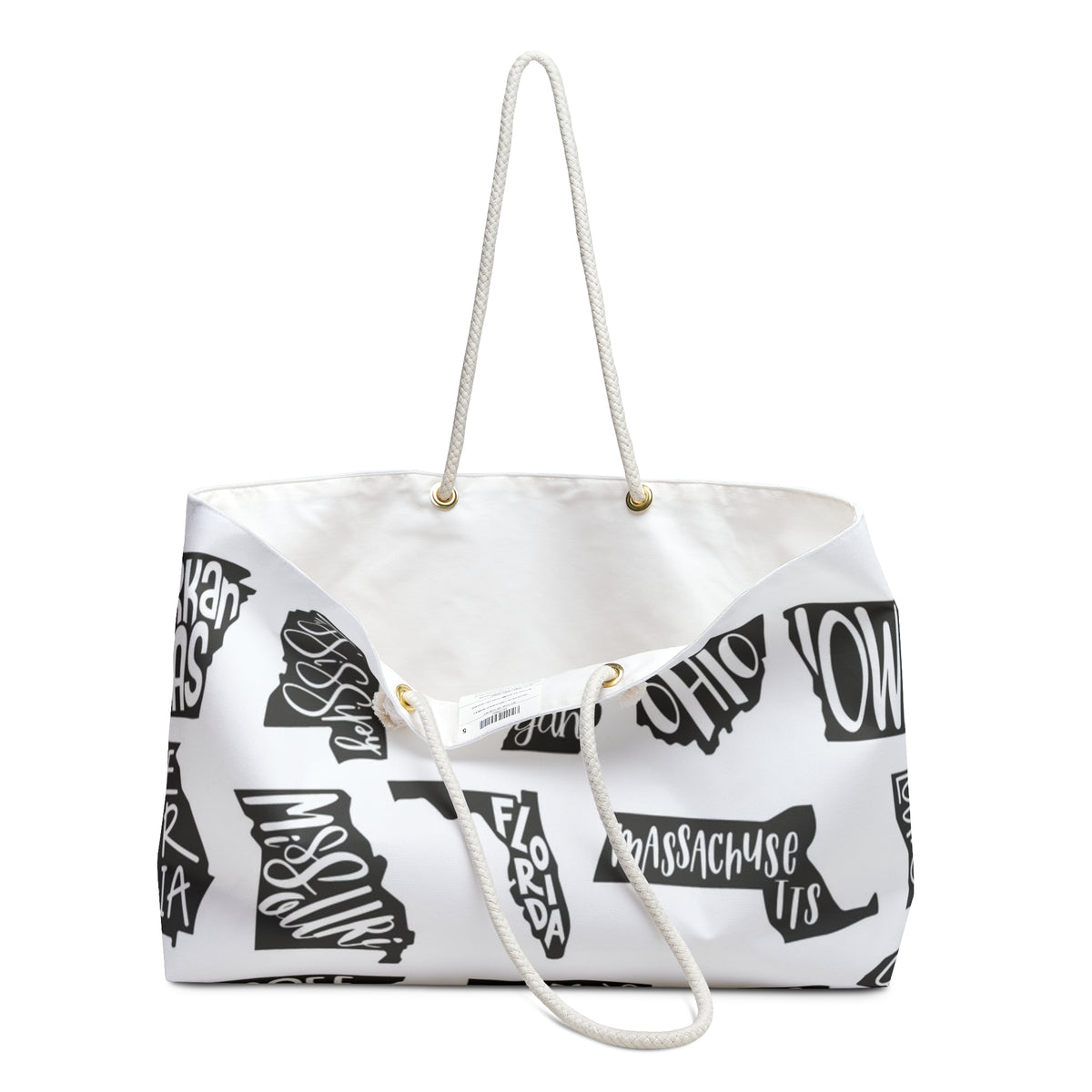 State Silhouette Weekender Bag — Monochrome Travel Tote with Hand-Lettered State Names