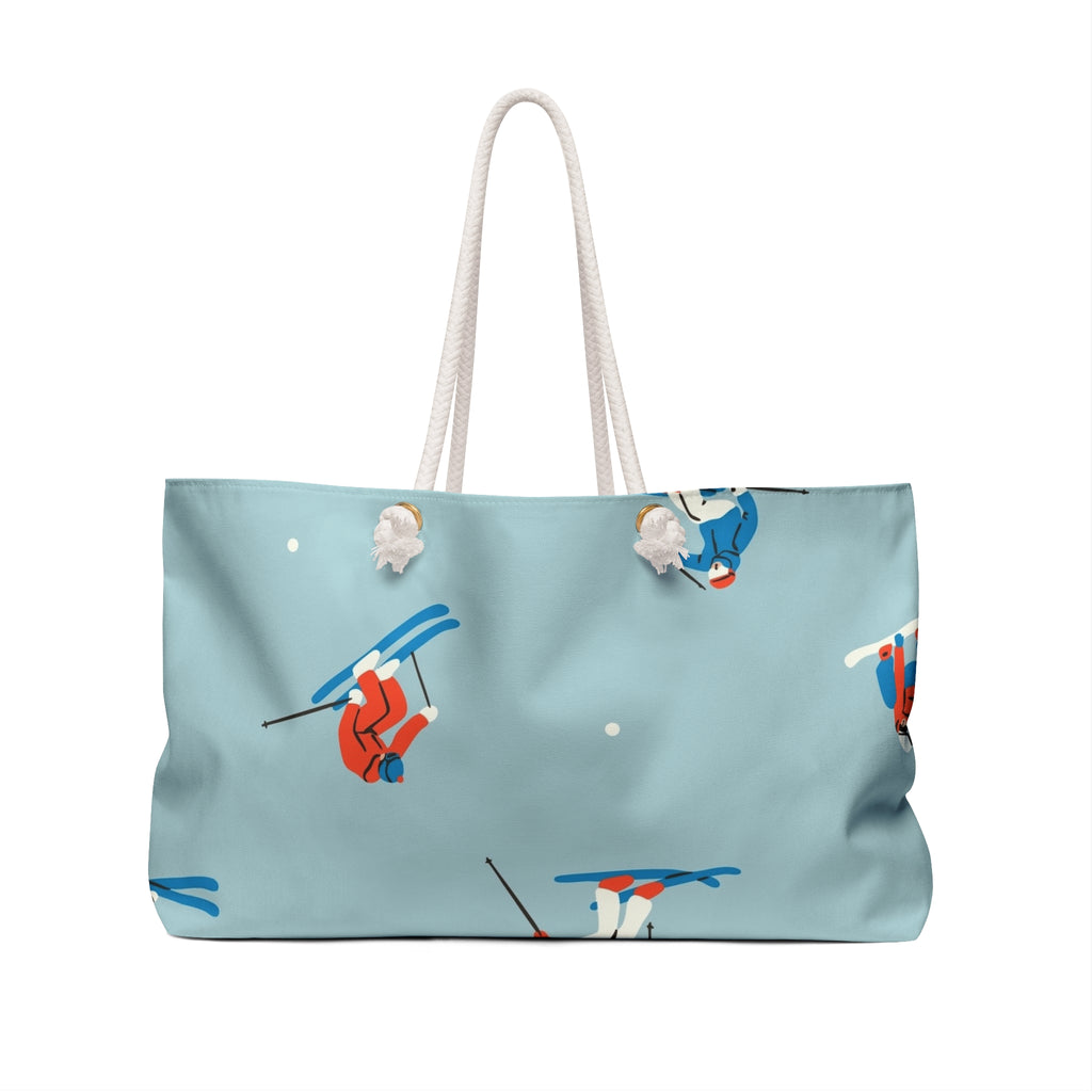Retro Skiers Pattern Weekender Bag | Blue Snow Sports Travel Tote