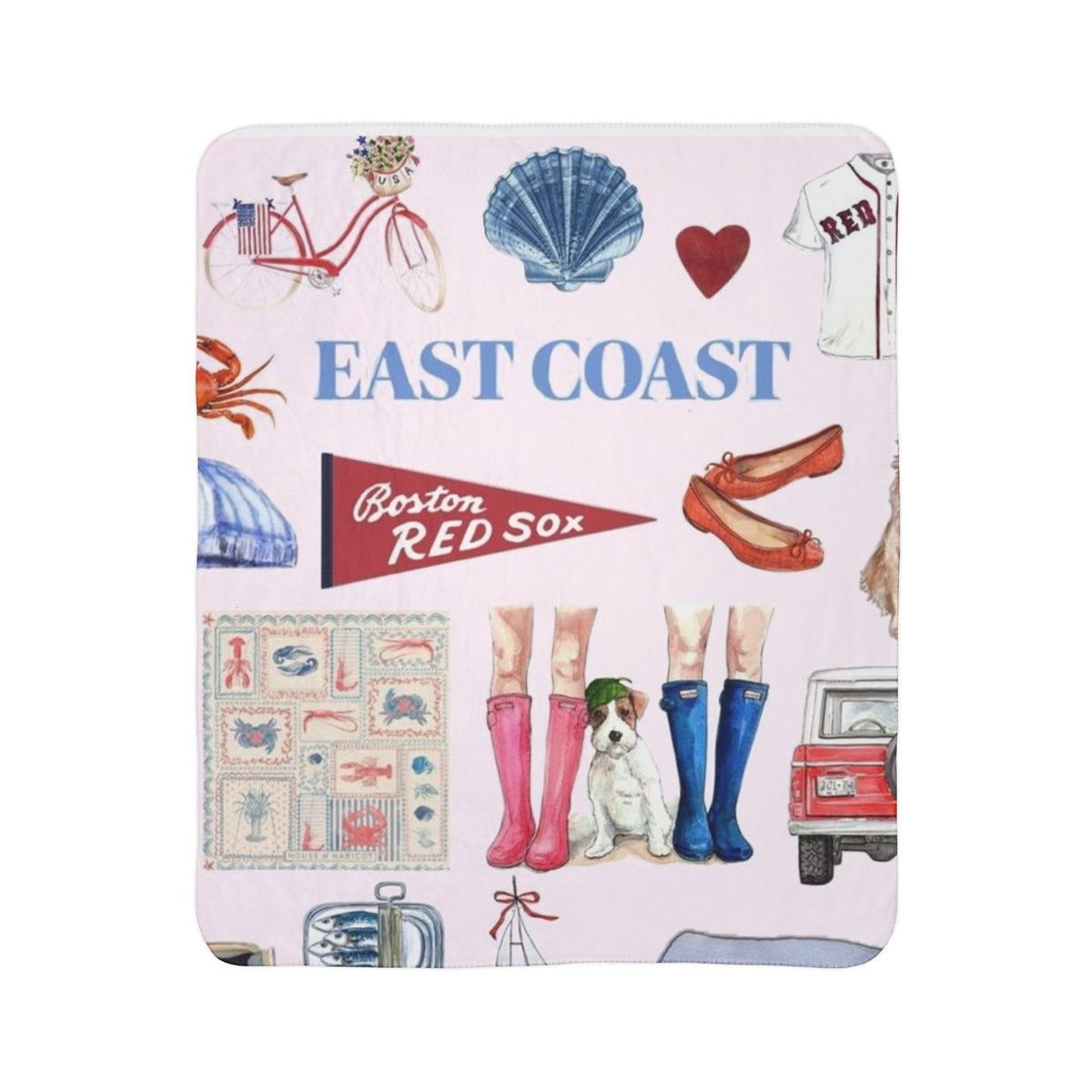 East Coast collage fleece sherpa blanket | coastal shell, Red Sox pennant, rain boots