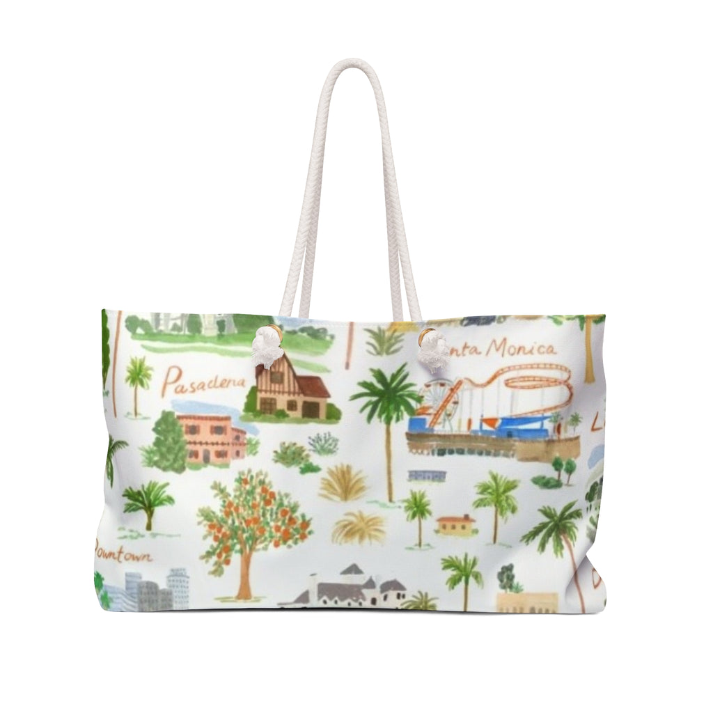 California Travel Weekender Bag – Illustrated Coastal Cities Print