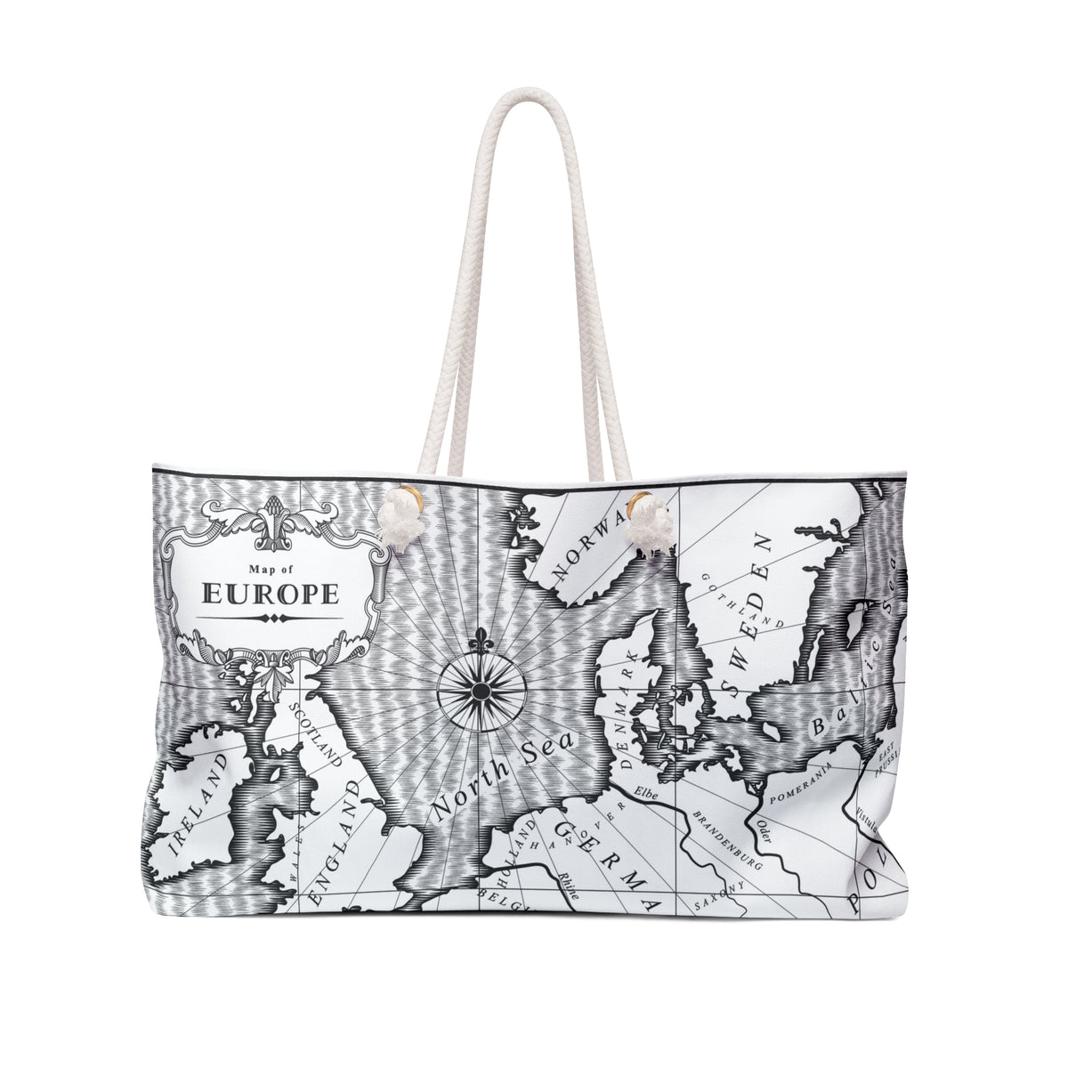 Vintage Map Europe Weekender Bag | Travel Tote, Nautical Compass Print