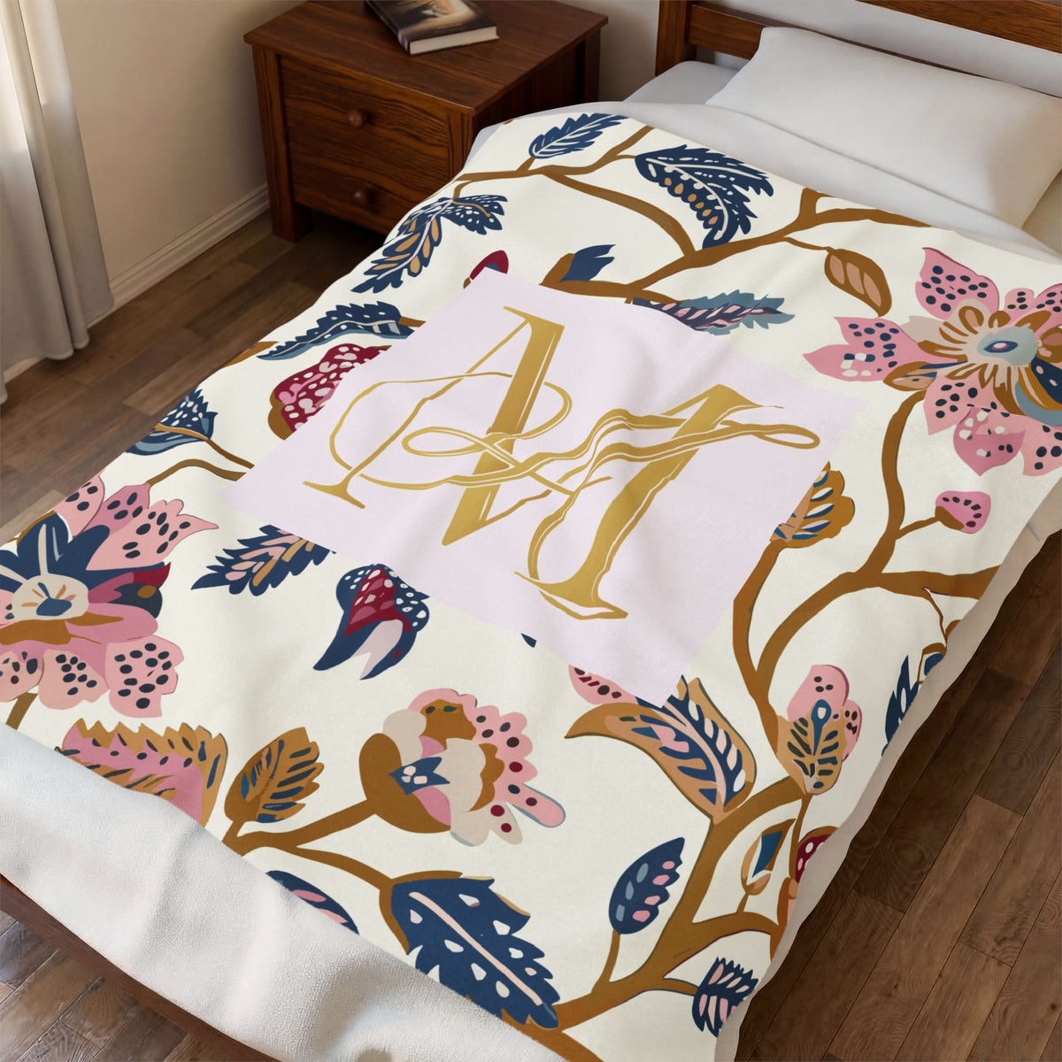 Monogram Floral Velveteen Blanket – Pink & Gold Initial Throw