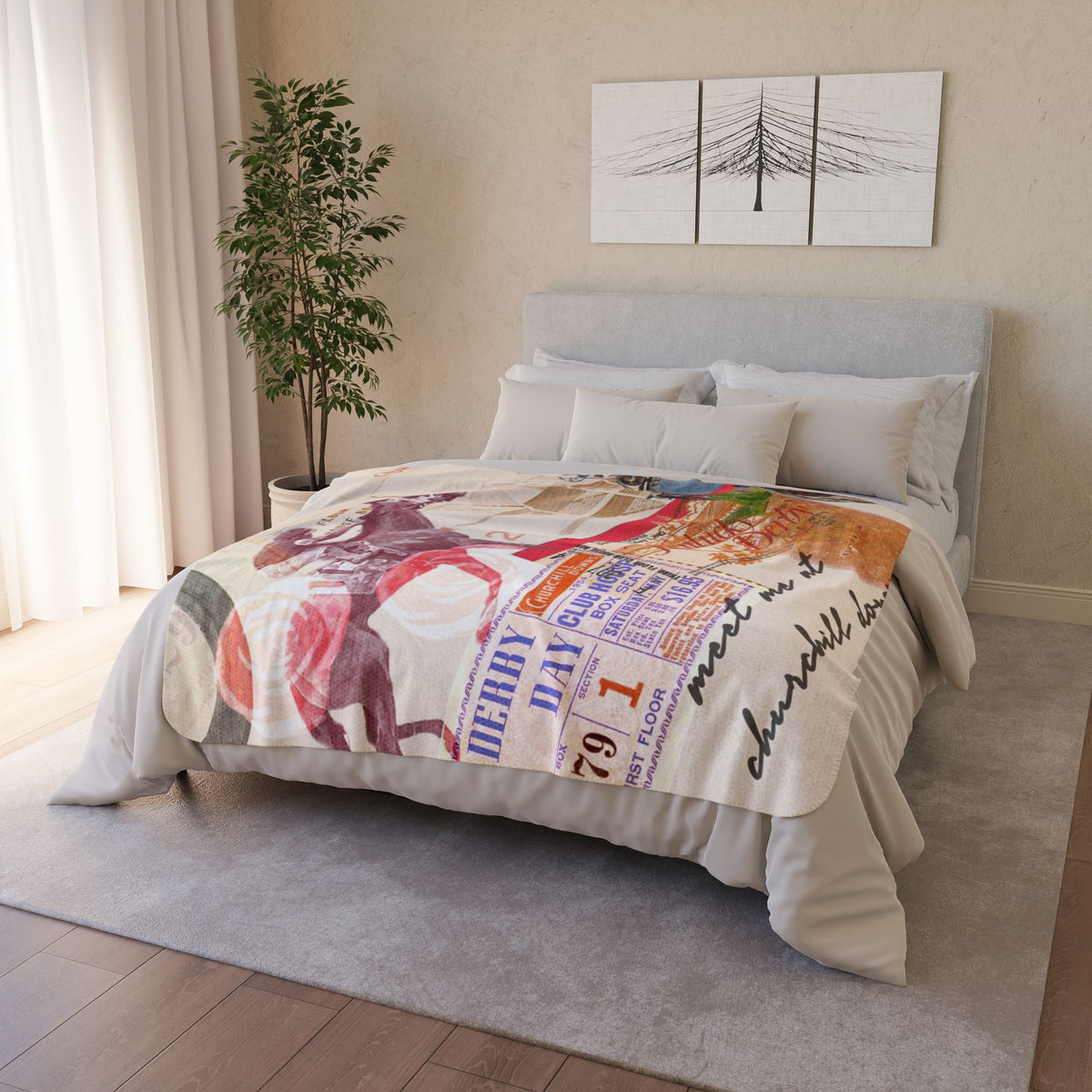 Derby Horse Collage Fleece Sherpa Blanket | Racing Ticket Vintage Churchill Downs
