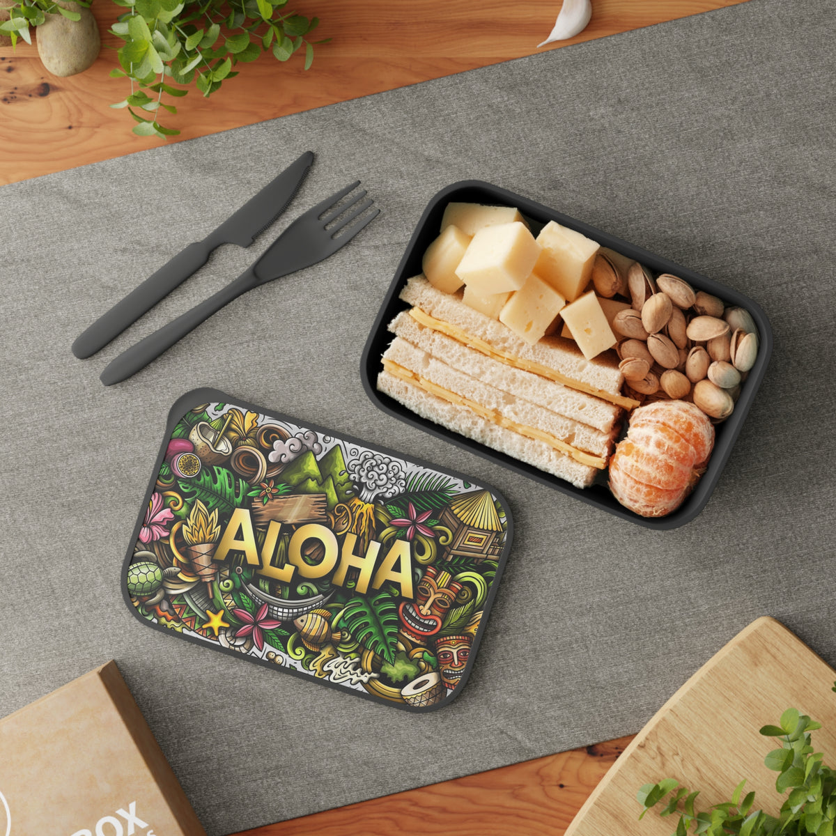 Aloha Tropical Doodle PLA Bento Box with Band and Utensils | Hawaii Lunch Container