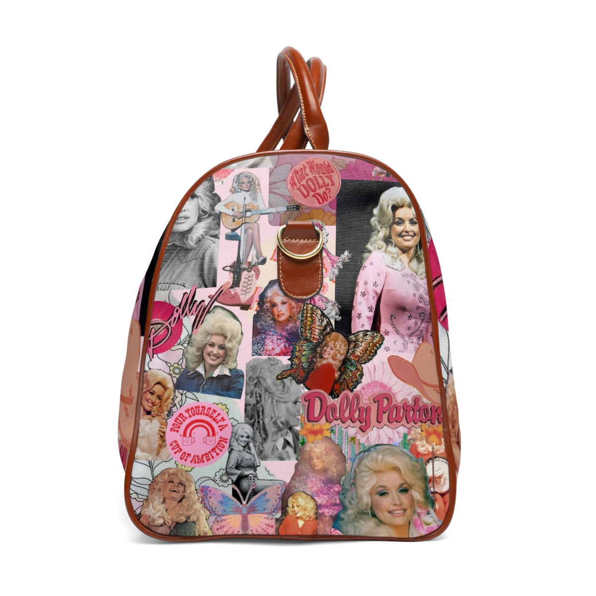 Dolly Parton Collage Waterproof Travel Bag — Retro Country Music Weekender Duffel