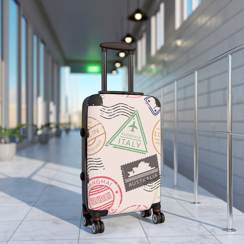 Passport Stamp Travel Pattern Suitcase | Luggage Cover, Vintage Destination Stamps