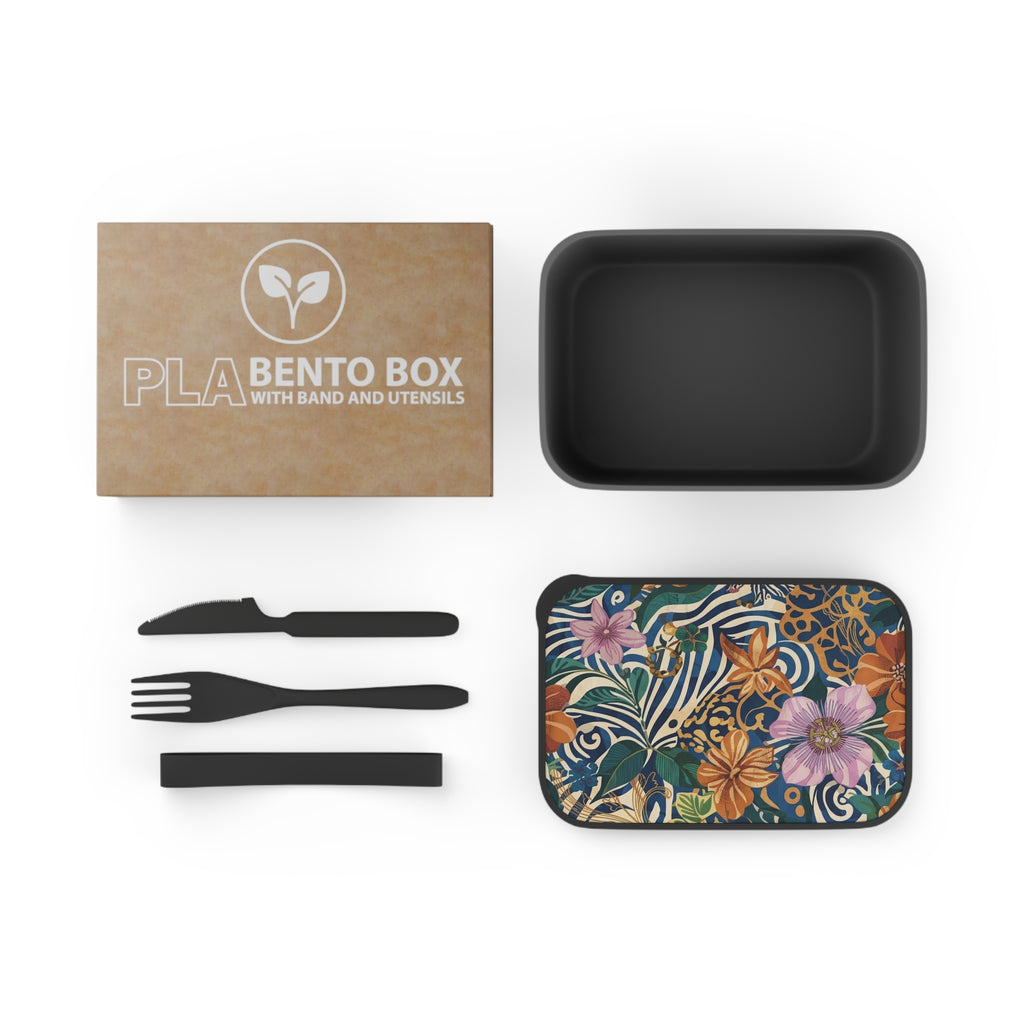 Tropical Floral Pattern Bento Box | PLA Lunch Container with Band & Utensils