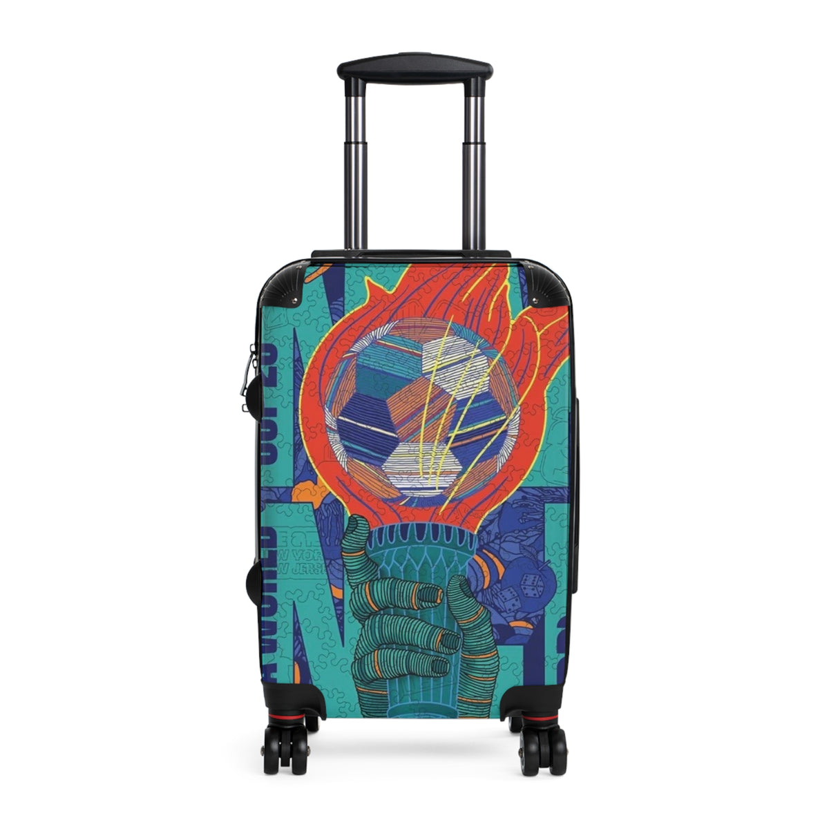 Flaming Globe Suitcase — Retro Travel Carry-On with Bold Planetary Graphic
