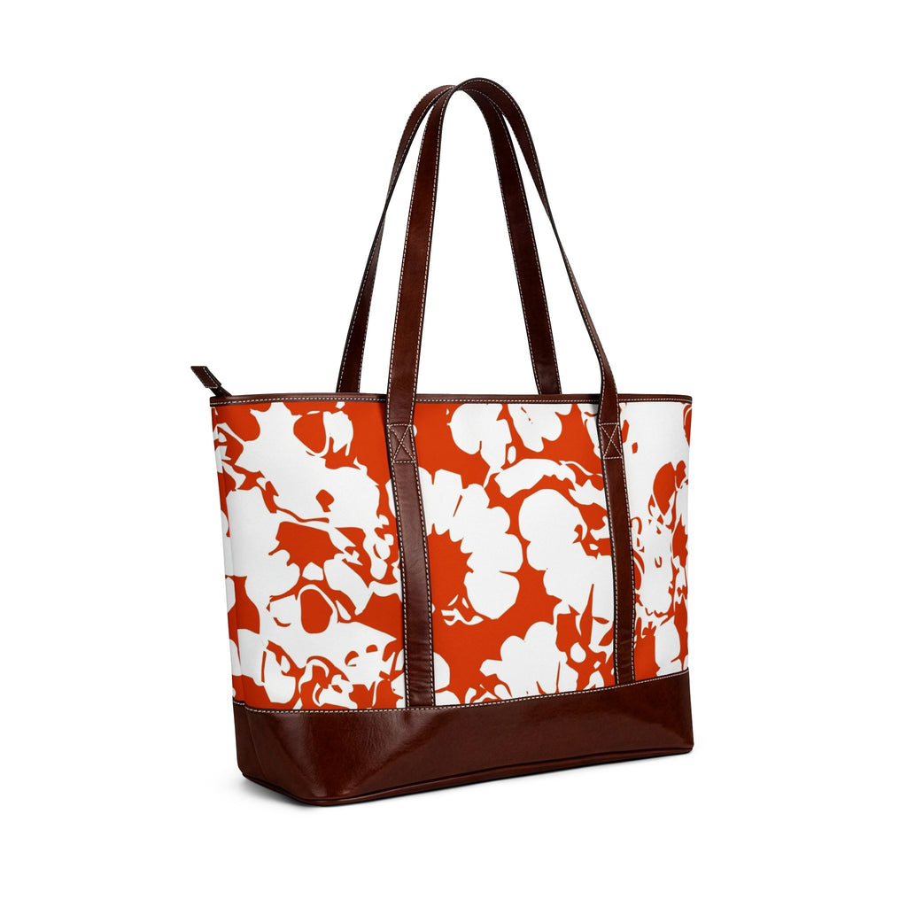 Orange Floral Pattern Handbag | Floral Tote, Brown Trim