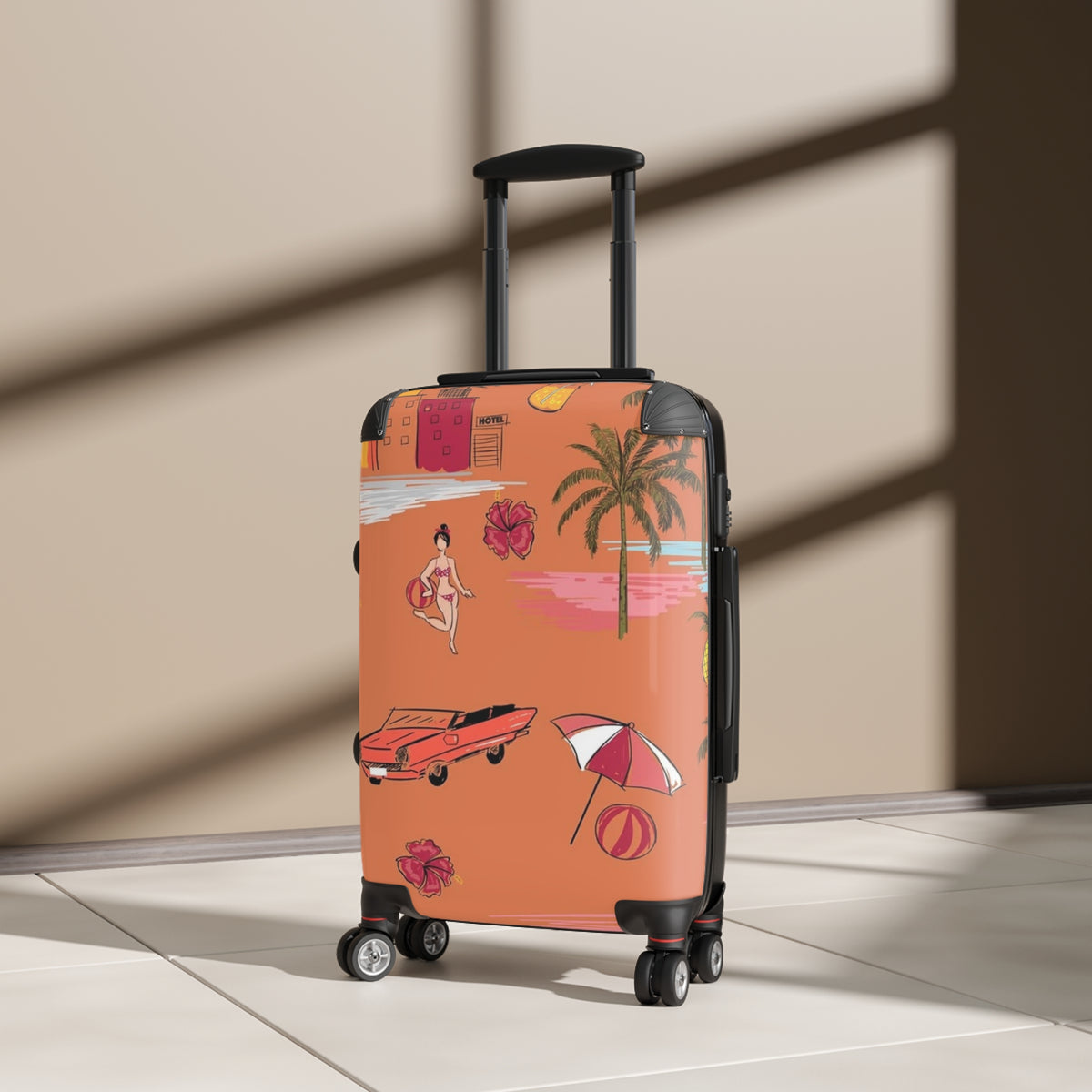 Vintage Beach Scene Suitcase | Retro Palm Trees, Classic Car, Swimsuit