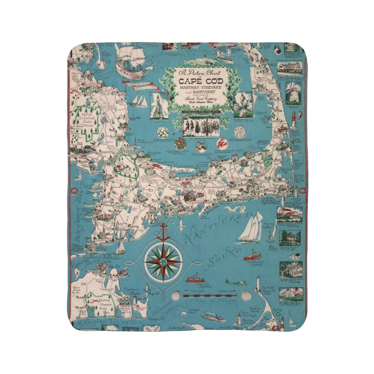 Cape Cod Map Fleece Sherpa Blanket | Nautical Compass, Coastal Map Throw
