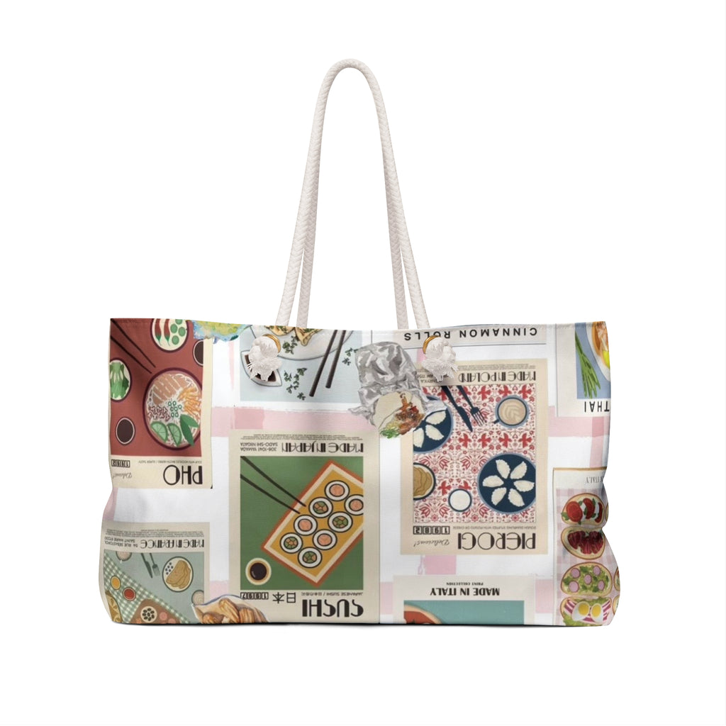 Foodie Collage Weekender Bag – Illustrated Global Cuisine Travel Tote