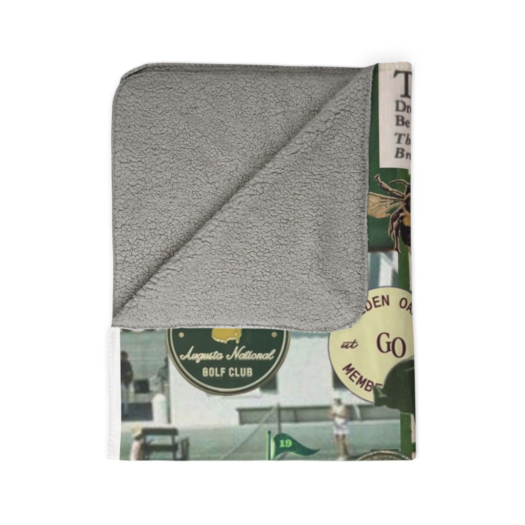 Vintage Green Collage Fleece Sherpa Blanket | Retro Car, Tennis, Travel Labels