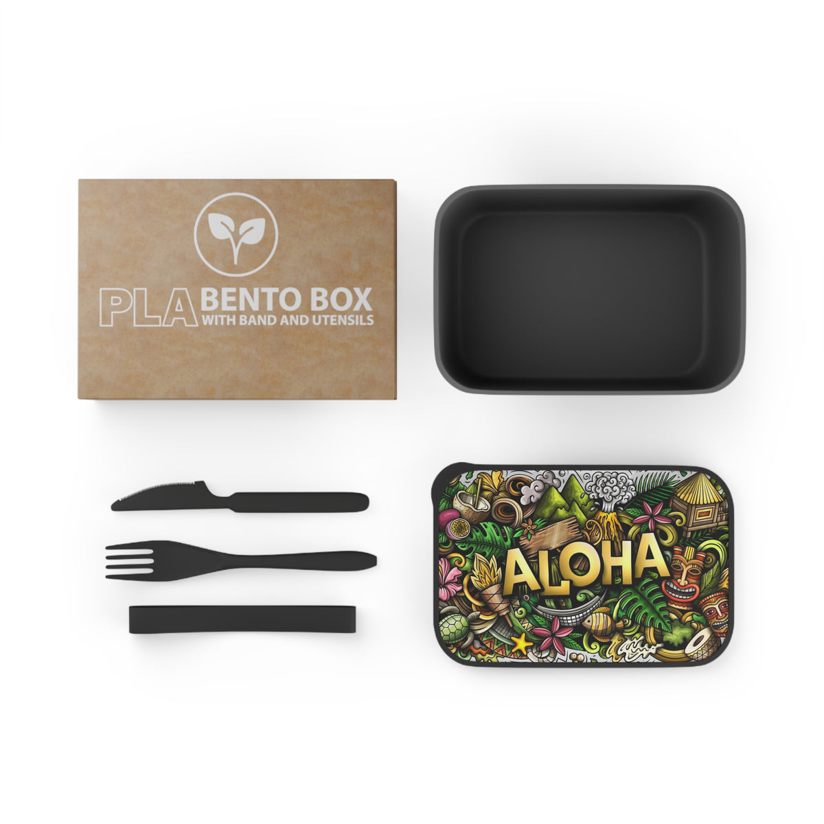 Aloha Tropical Doodle PLA Bento Box with Band and Utensils | Hawaii Lunch Container