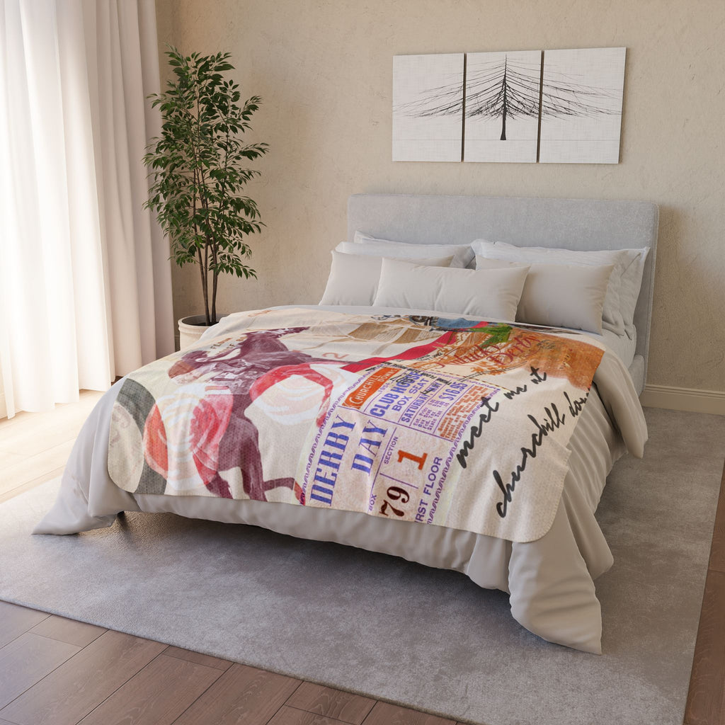 Derby Horse Collage Fleece Sherpa Blanket | Racing Ticket Vintage Churchill Downs