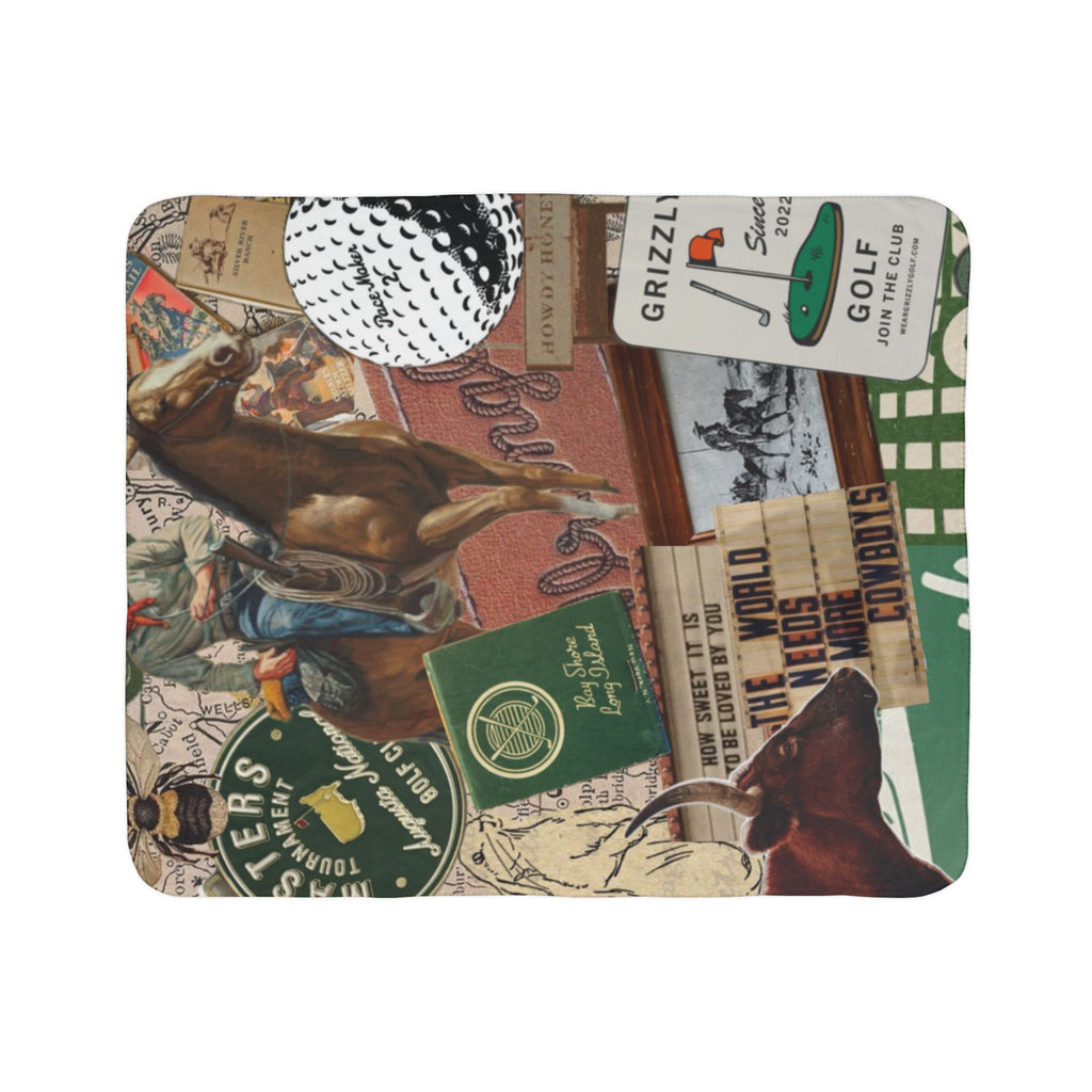 Western Collage Fleece Sherpa Blanket | Rodeo, Cowboy, Golf Ephemera