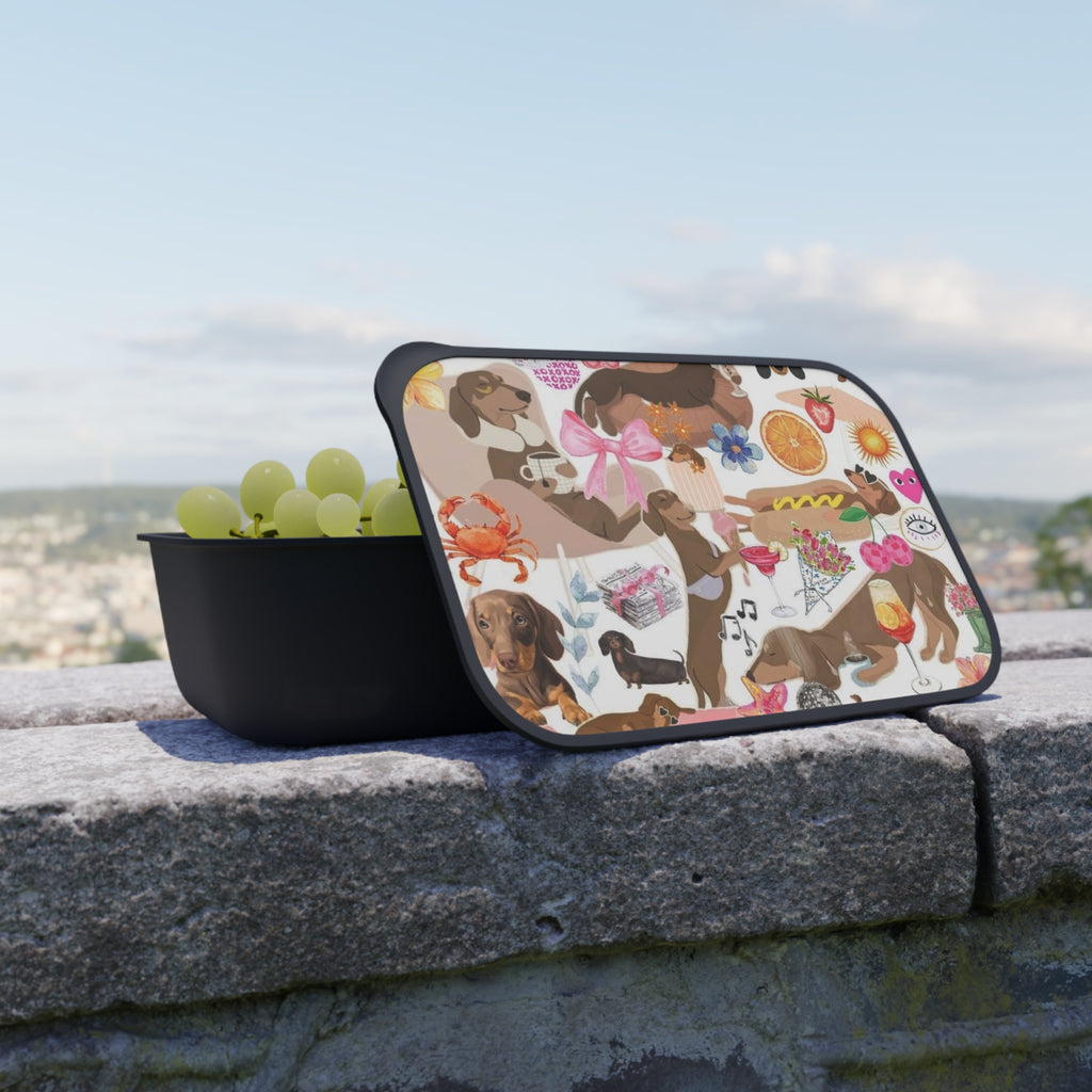 Dachshund Pattern PLA Bento Box with Band & Utensils — Cute Dog Lunchbox