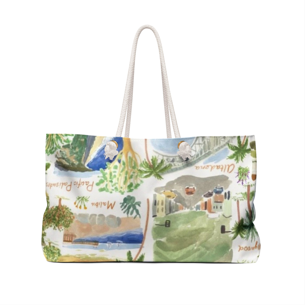 California Travel Weekender Bag – Illustrated Coastal Cities Print