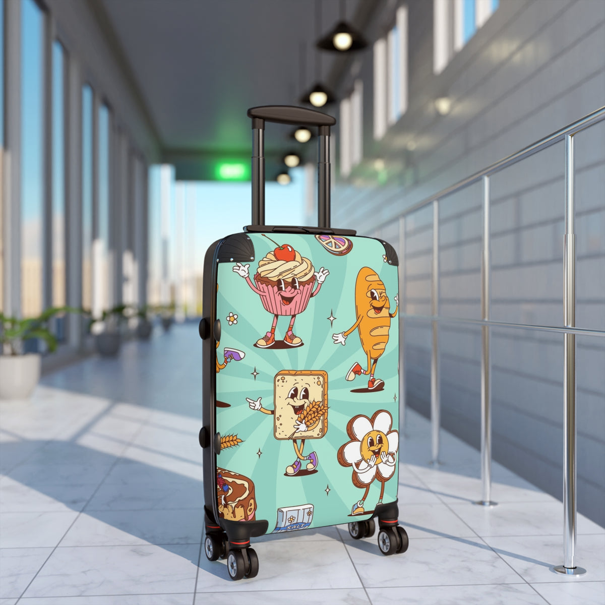 Retro Cartoon Snacks Suitcase - Cute Food Pattern Carry-On Luggage