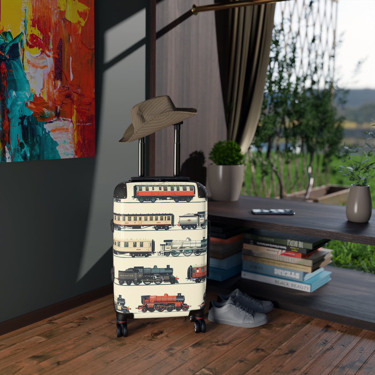 Vintage Steam Train Pattern Suitcase | Retro Locomotive Luggage